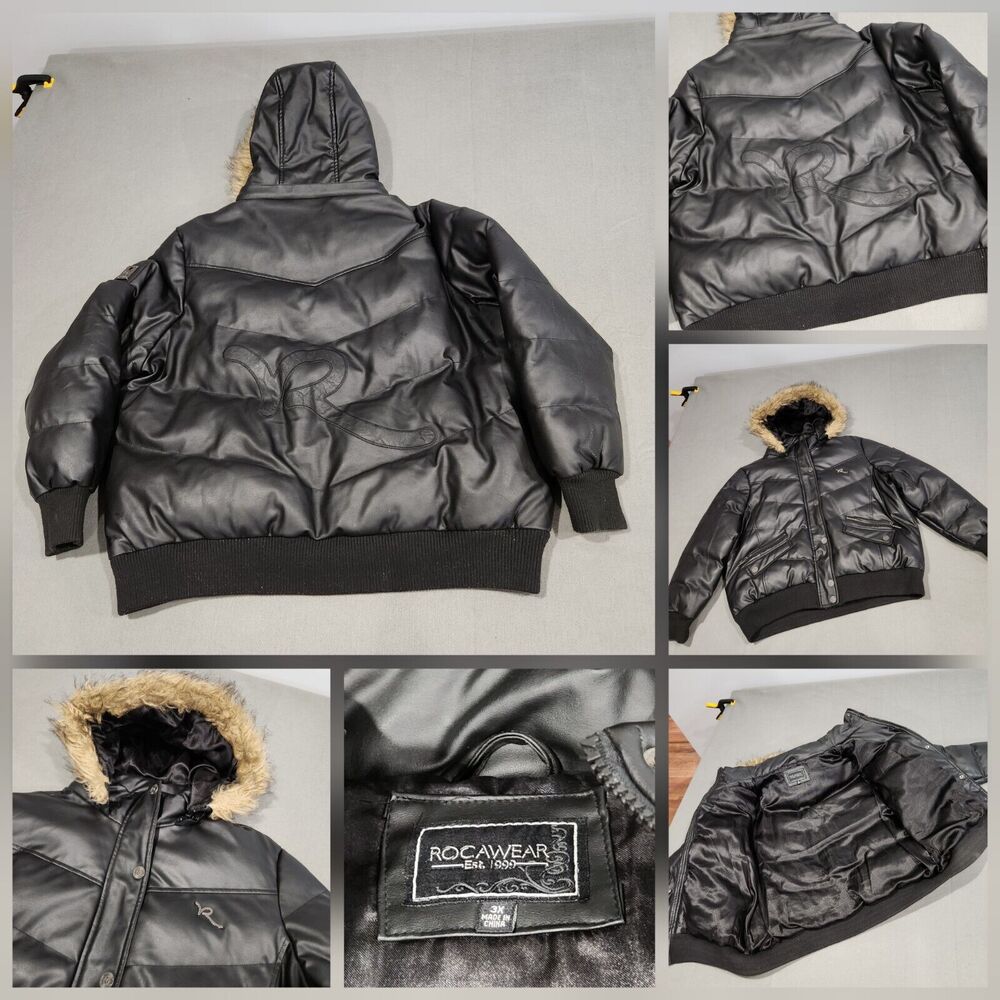 Rocawear Womens 3X 3XL Black Goose Fur Hooded Puffer Jacket Coat Bomber Y2K VTG